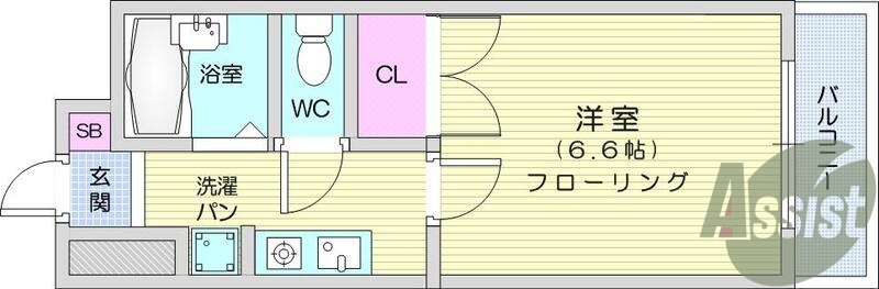 １K、バストイレ別、温水機能付き便座、ガスコンロ付き。