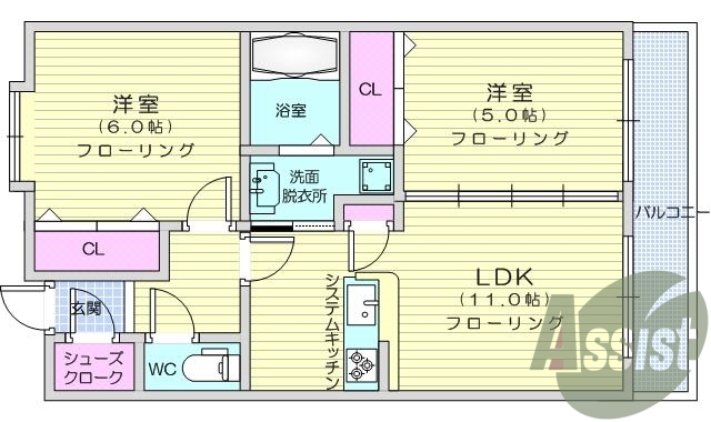 ２ＬＤＫ、カウンターキッチン、オールフローリング、給湯