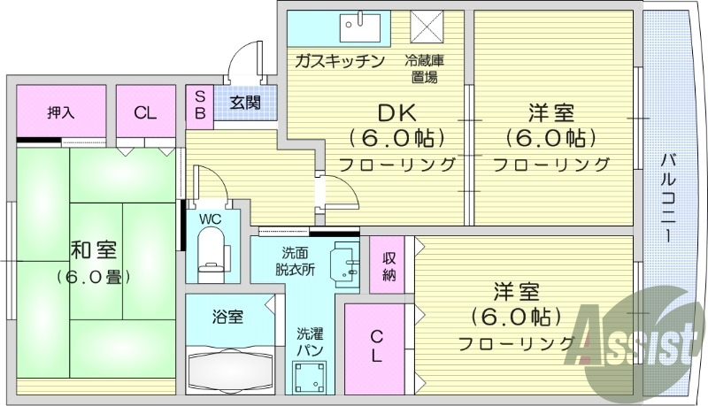 3DK、インターネット無料、バストイレ別、独立洗面台