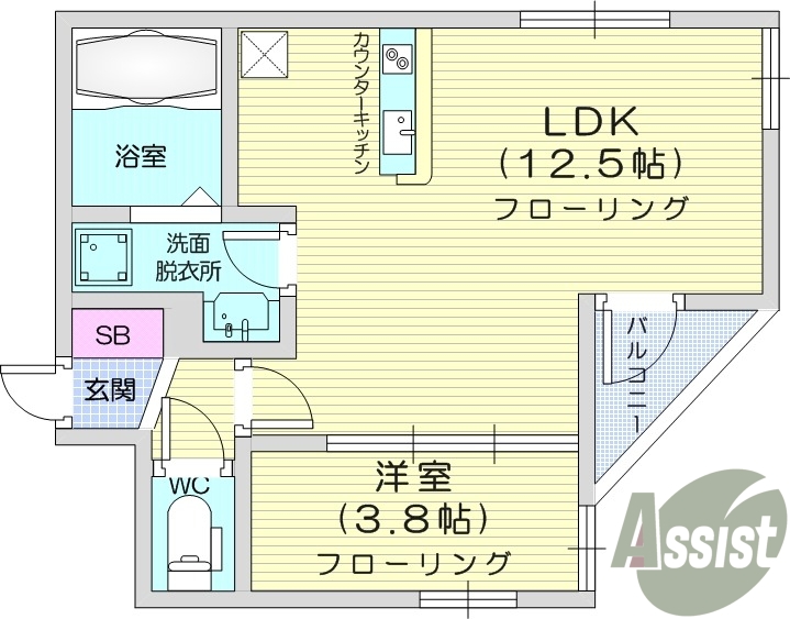 1LDK、浴室乾燥、温水洗浄便座、対面キッチン