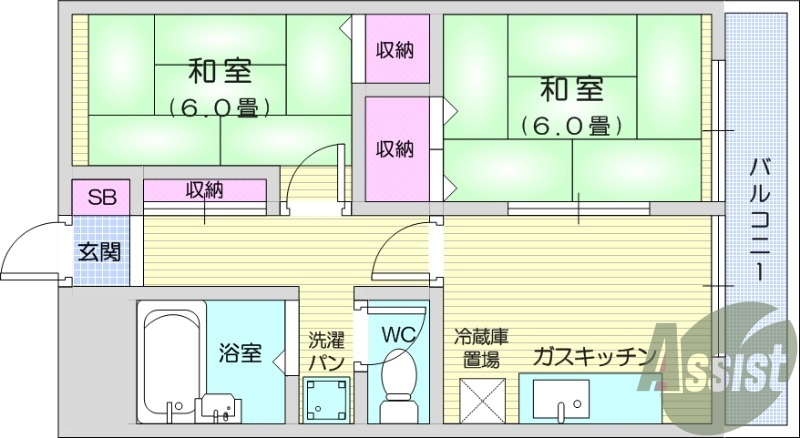 ２DK、独立洗面台、光ファイバー、都市ガス