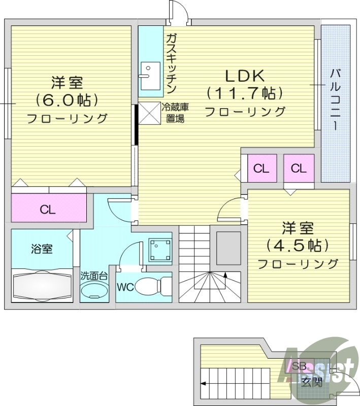2DK、エアコン、バストイレ別、モニター付きインターホン