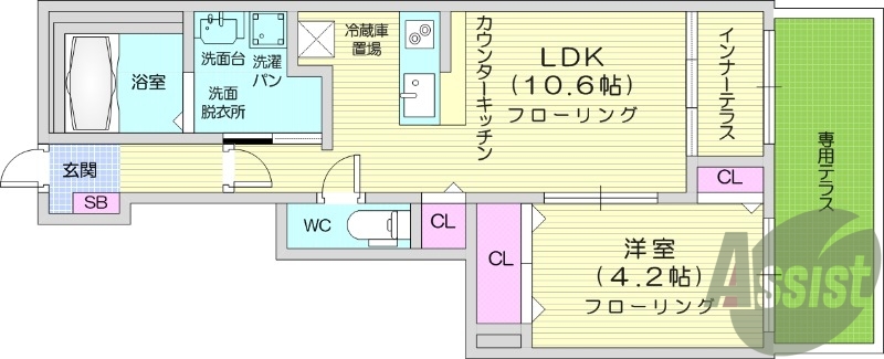 1LDK、ネット無料、カウンターキッチン、浴室乾燥機