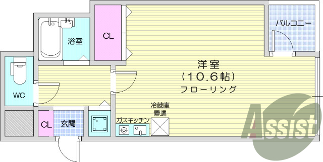 1R、給湯器、ガステーブル、風呂、トイレ。