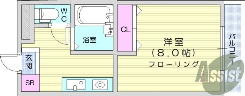 1K、鉄筋コンクリート造、エアコン付き、バストイレ別
