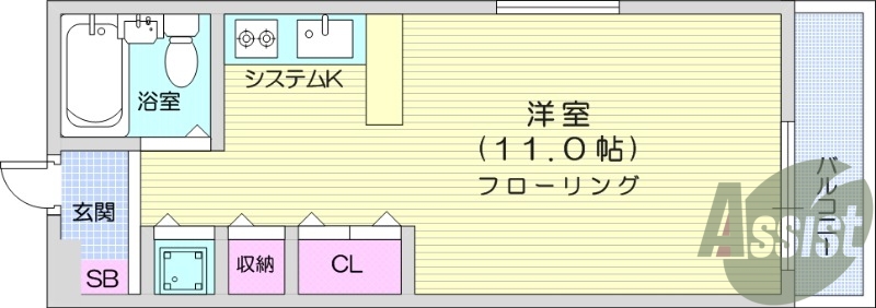 1R、システムキッチン、都市ガス、エアコン