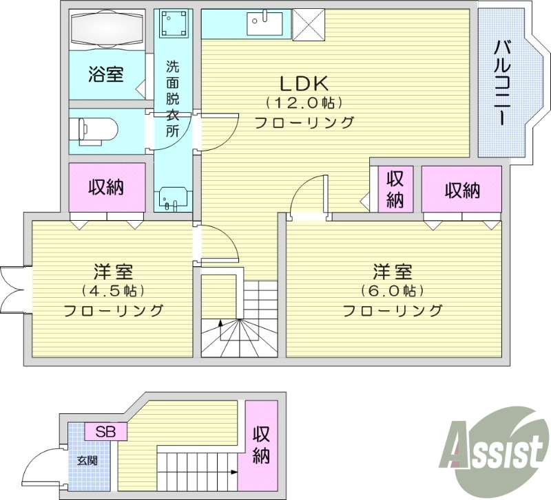 2LDK、フローリング、BS、浴室乾燥機、バストイレ別、給湯