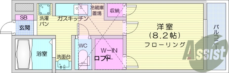 1K、バルコニー、ウォークインクローゼット