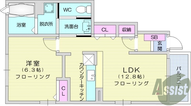1LDK、バルコニー、エアコン、フローリング、給湯