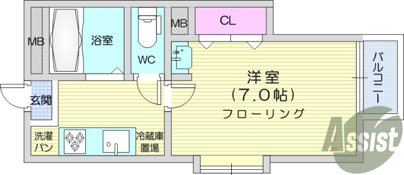 1K、エアコン、温水洗浄便座、追い焚き機能。