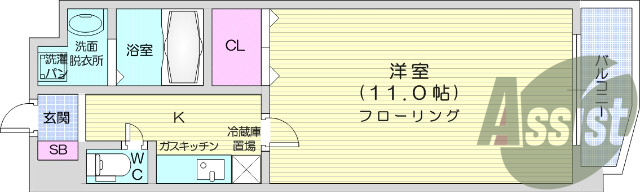 1K、エアコン、バストイレ別、オートロック