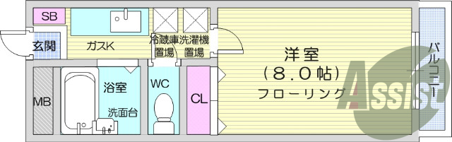 1K、エアコン、室内洗濯機置き場、バストイレ別