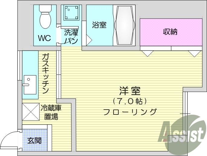 １K、エアコン、ガスコンロ設置可、バストイレ別。