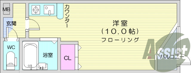 ワンルーム、バストイレ別、カウンターキッチン、バルコニー