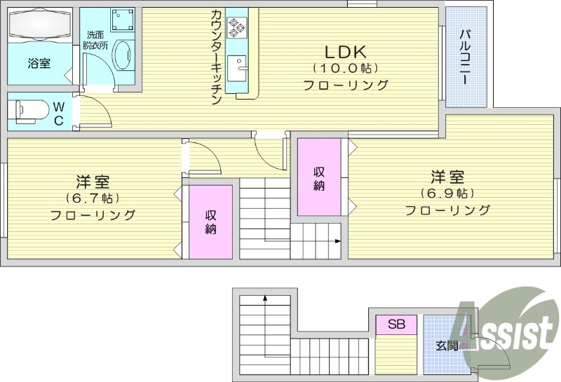 2LDK、エアコン、バルコニー、独立洗面台、追い焚き機能