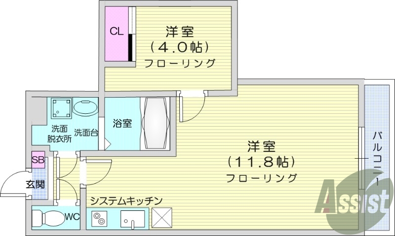 1LDK、2口コンロ、バス・トイレ別、追い焚き機能付き