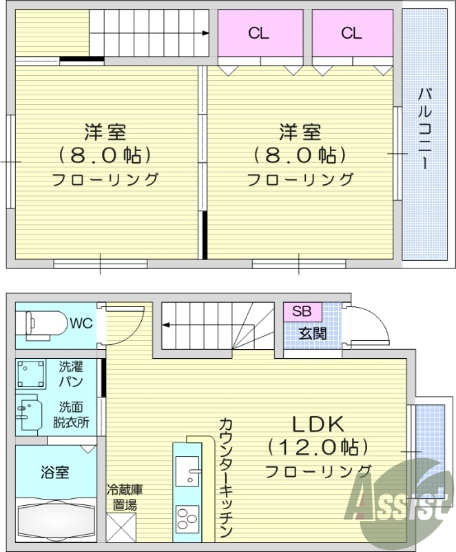 2LDK、メゾネットタイプ、追い焚き、独立洗面台