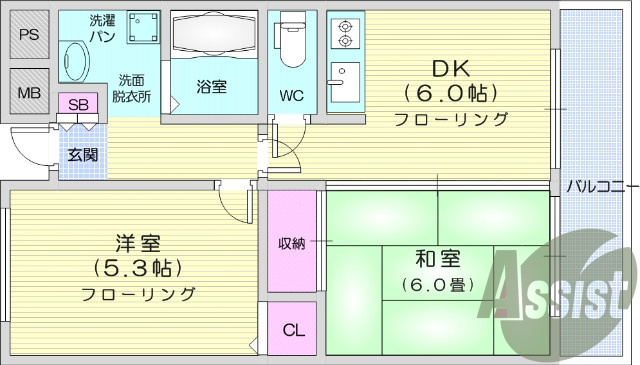 2DK、オートロック、バストイレ別、ウォシュレット付き、