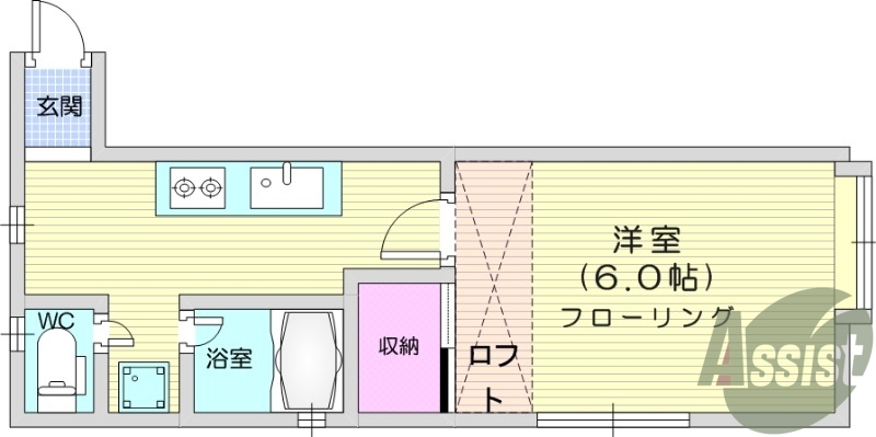 １K、追い焚き機能、温水洗浄便座、都市ガス