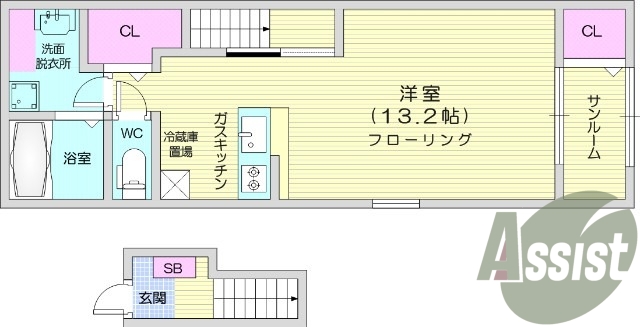 1R、サンルーム、追い焚き、給湯、浴室乾燥機、南向き