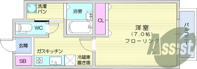 1Ｋ、バス・トイレ別、ウォシュレット、室内洗濯機置き場。