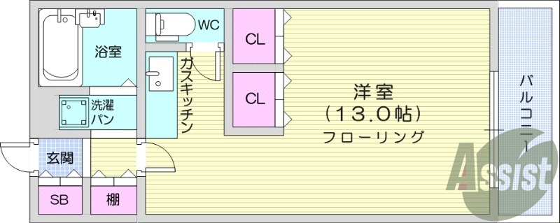 1R、エアコン、室内洗濯機置場、クローゼット