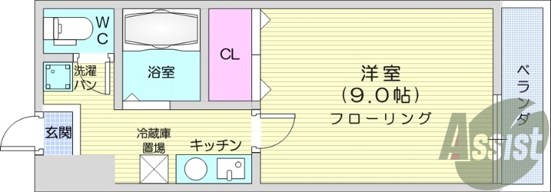 １K、バストイレ別、モニター付きインターホン