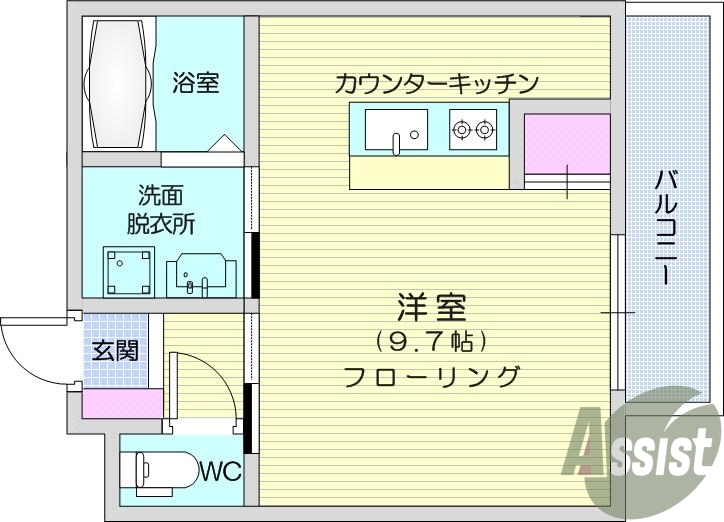 1R、エアコン、独立洗面台、バルコニー、給湯