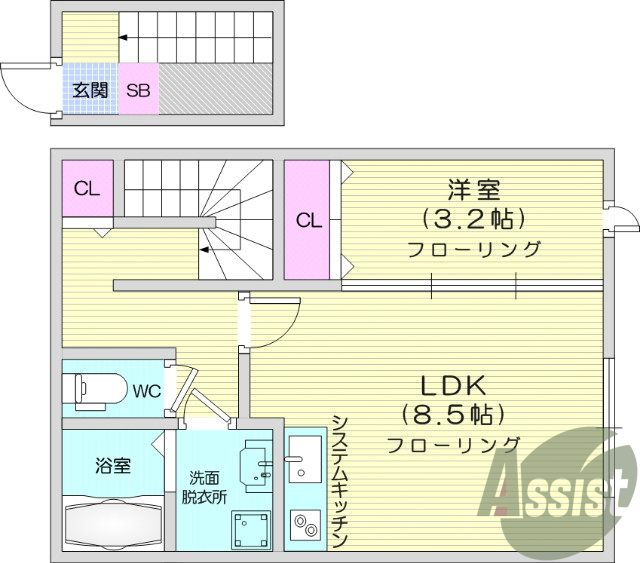 1ＬＤＫ、ＩＨ、システムキッチン、独立洗面台、追い焚き付き