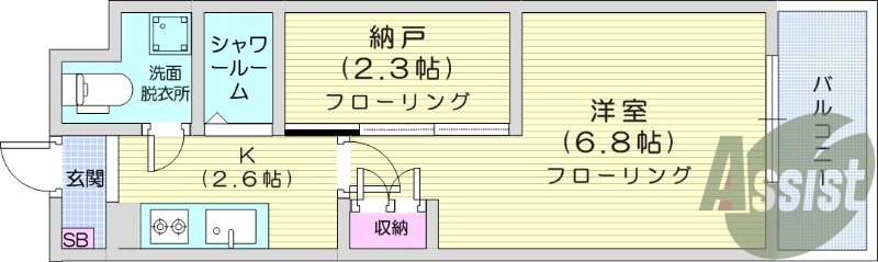 1K、エアコン、室内洗濯機置場、トイレ浴室別、収納