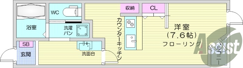 ワンルーム、システムキッチン、独立洗面台。
