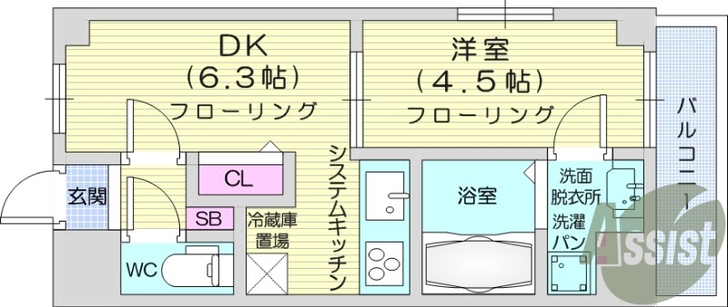 1DK、シャワートイレ、洗髪洗面化粧台、オートロック