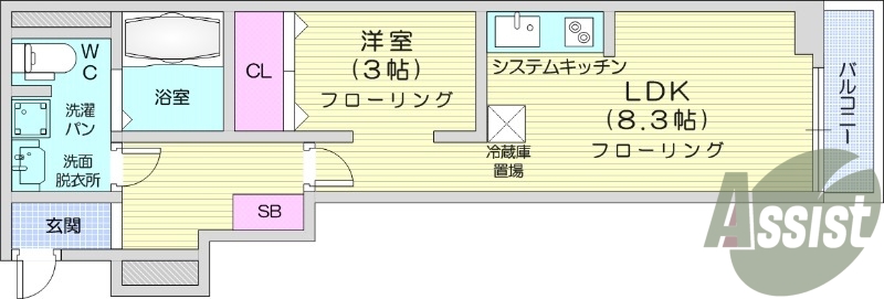 1LDK、エアコン、システムキッチン、追い焚き