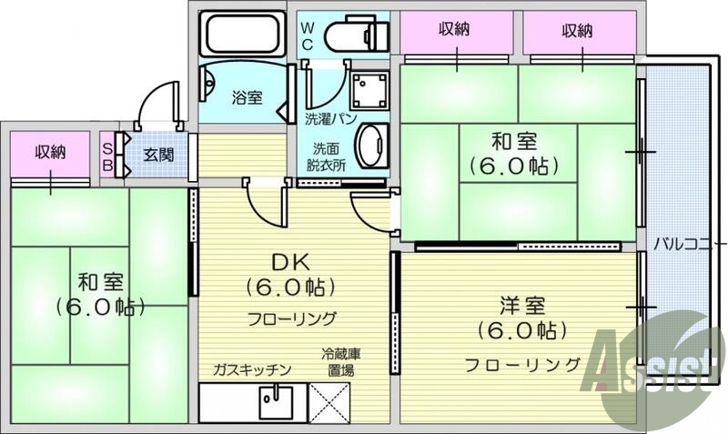 3DK、南向き、バルコニー、バス・トイレ別、エアコン