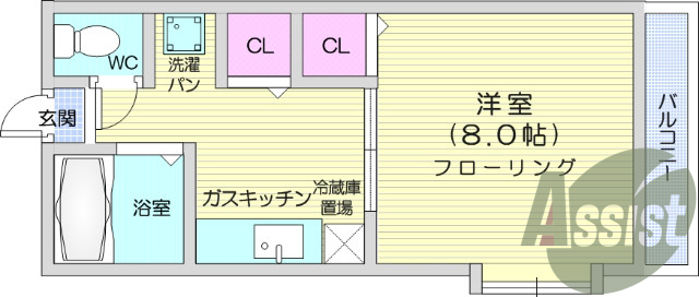 1K、エアコン、バストイレ別、室内洗濯機置場