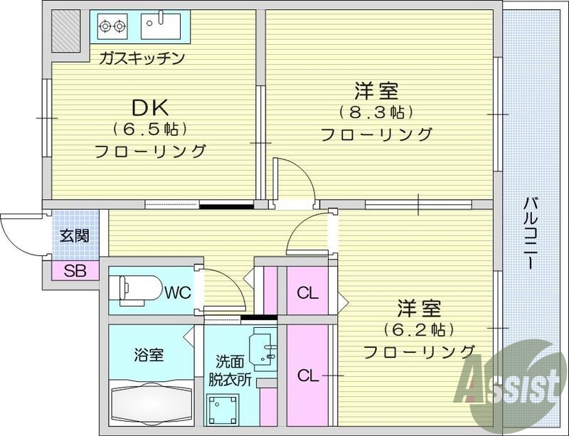 ２ＤＫ、南向き、独立洗面、クローゼット、洗面脱衣所