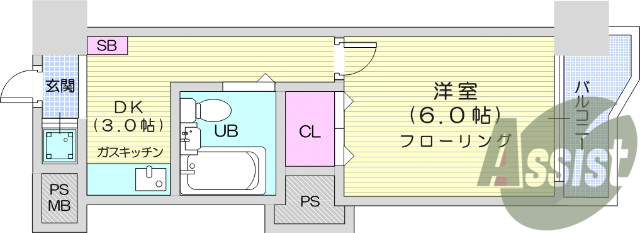 1Ｋ、エアコン付き、室内洗濯機置き場あり。