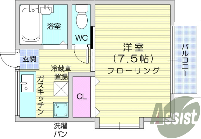 1K、エアコン、室内洗濯機置き場、バストイレ別