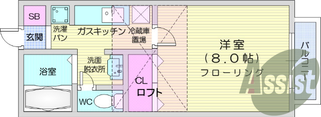 1K、バストイレ別、洗濯機置場、追い焚き機能