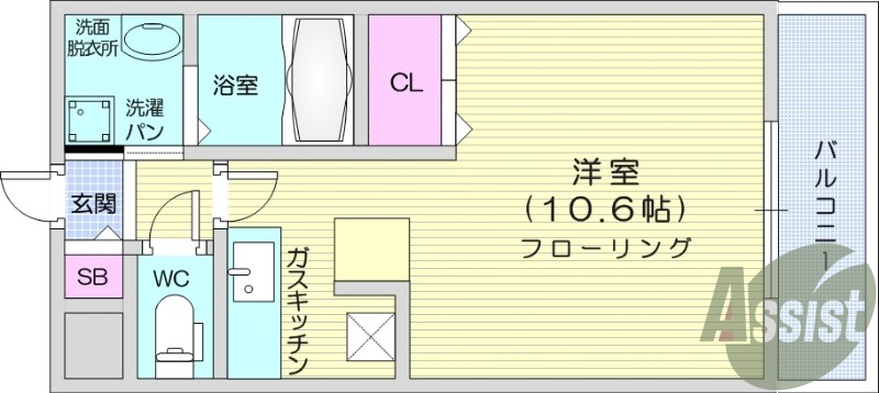 １R、ガスコンロ付き、モニター付きインターホン、