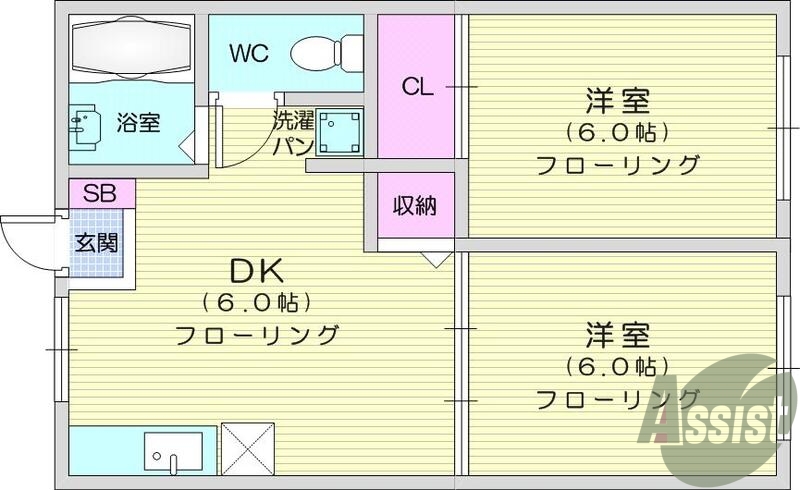 2DK、エアコン、室内洗濯機置場、トイレ浴室別、クローゼット
