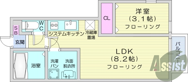 1LDK、全室フローリング、モニター付きインターホン