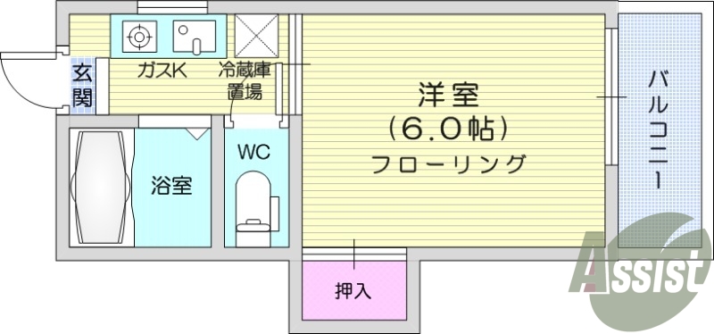 1K、角部屋、追い焚き機能付き、都市ガス対応
