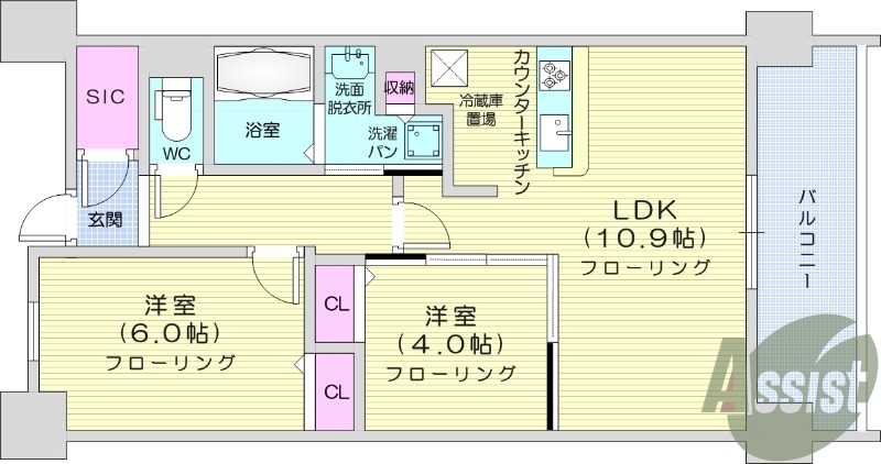 ２LDK、浴室乾燥付き、追い焚き機能付き、都市ガス