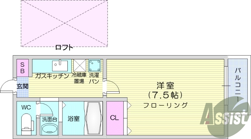 1K、内装写真は103号室のものです。