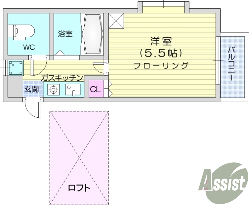 １K、家電付、TVインターホン、バス・トイレ別。