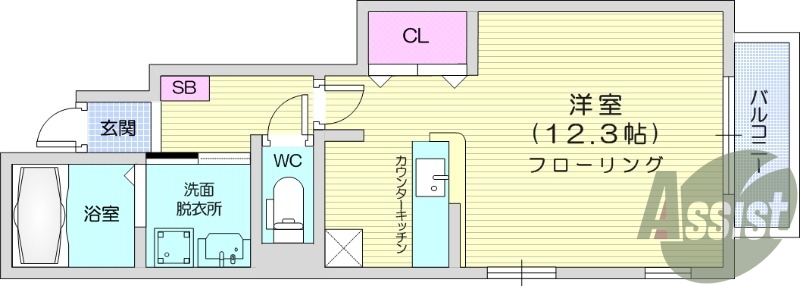 1R、南東向開口部、追い焚き機能付き浴室、独立洗面化粧台有り