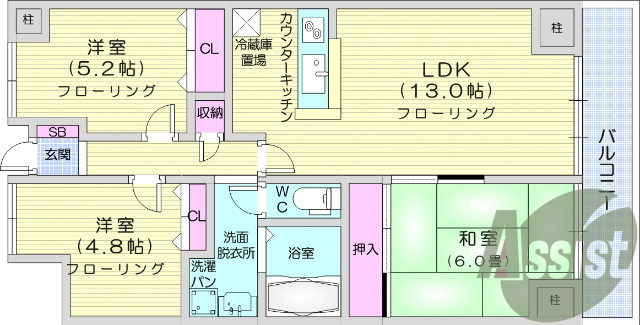 ３ＬＤＫ、シャワー、エアコン１台、ＩＨコンロ。