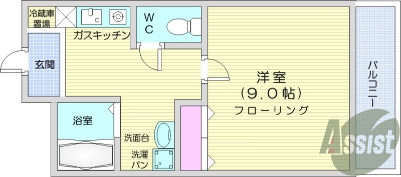 1K、バルコニー、バストイレ別、ガスキッチン