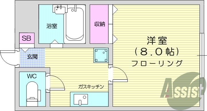 1K、フローリング、バストイレ別、ガスキッチン